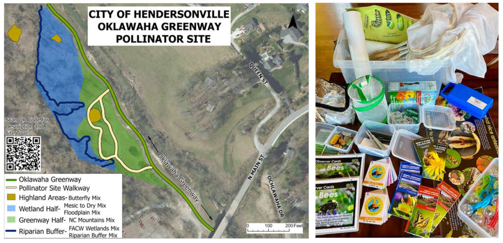 Aerial map of a greenway, photo of a table covered in colorful outreach materials