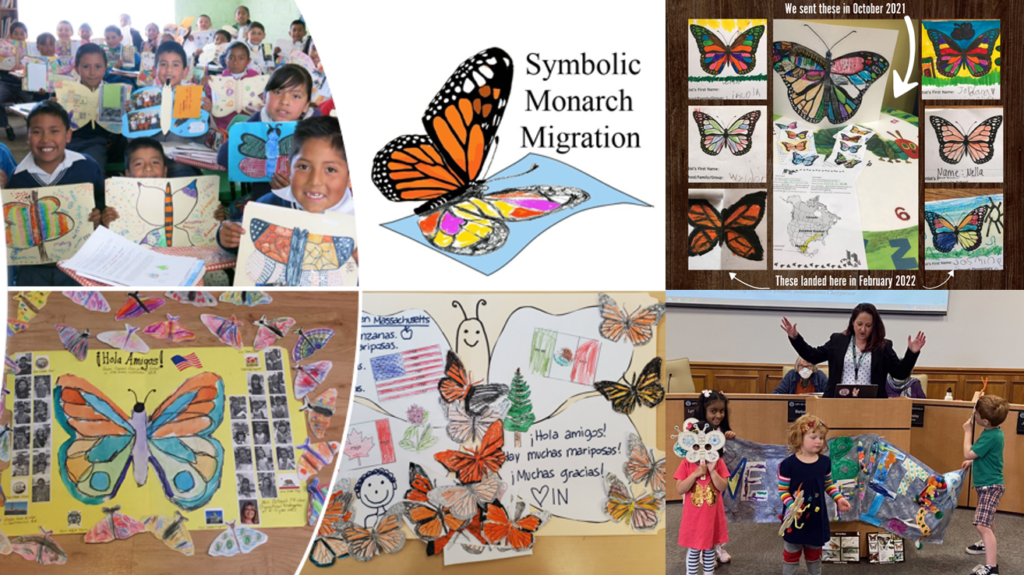 Photos of smiling kids and their colorful monarch butterfly drawings