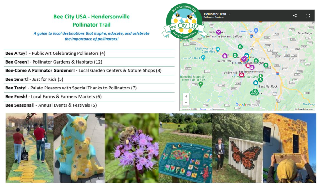 Map with pins, text listing bee-related events, Pollinator Trail photos