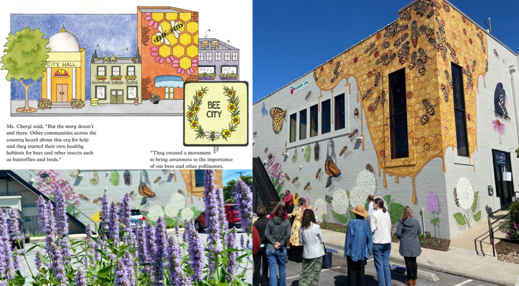 Drawing of the mural, photo of people gathered in front of mural, and photo of purple flowers in front of mural