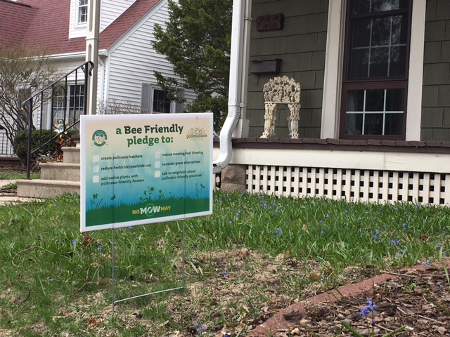 Blue, white and green yard sign on a lawn, with a white porch in the background