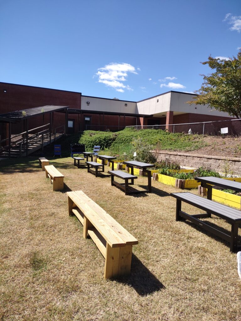 Wood benches and desks in front of raised garden beds.