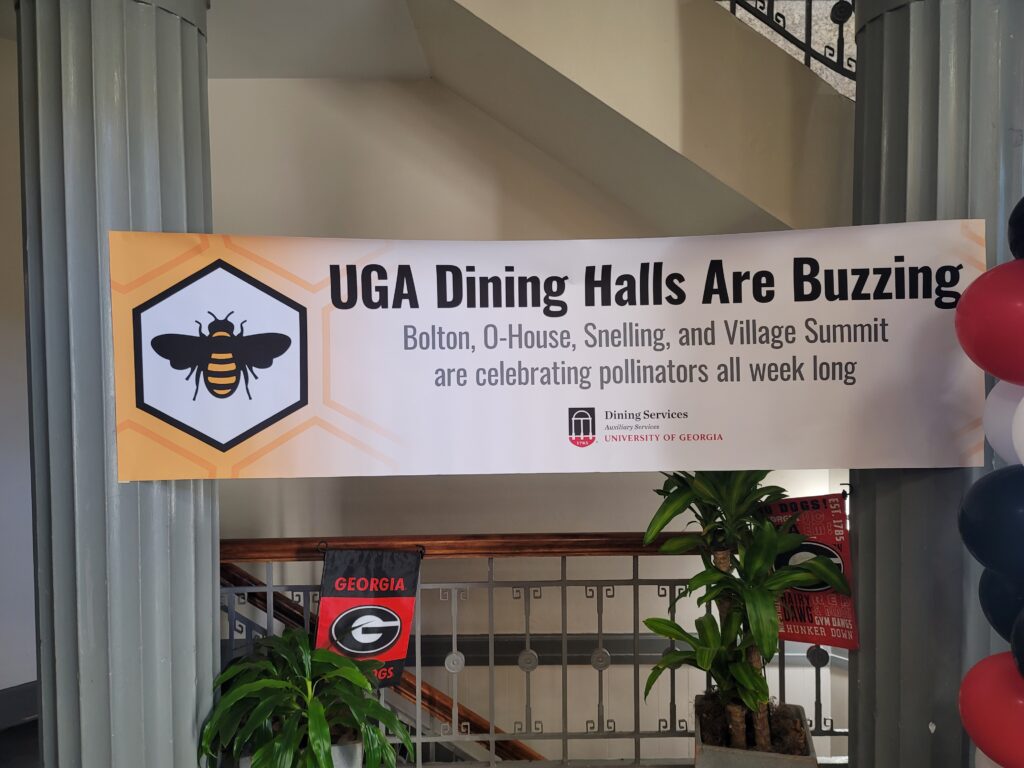 White, yellow and black banner reads: "UGA Dining Halls Are Buzzing"