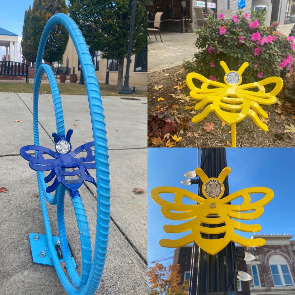 Photos of one purple and two yellow metal bees mounted to a bike rack, in a garden, and on a lamppost.  