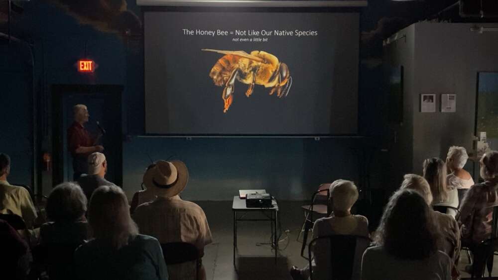 A dark room with people sitting in chairs face away, looking at a large screen with a photo of a bee.