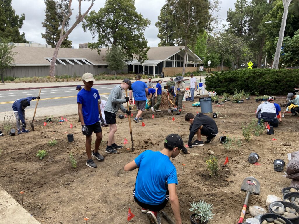 Kids and adults, wearing blue mostly, dig and crouch, planting plants in front of a road.