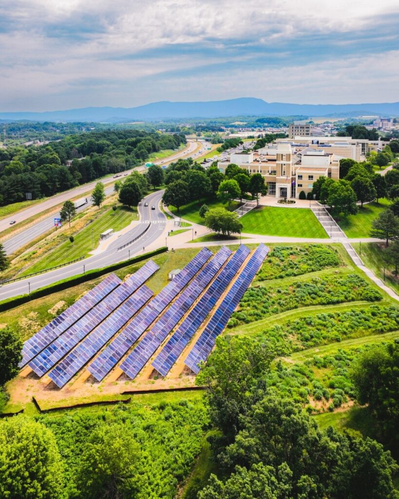 An aerial photo of strips of blue solar panels with bright green plants surrounding them in the left foreground. Gray roads run on the left and up into the background. A large tan and white group of tan and white buildings are in the upper right.