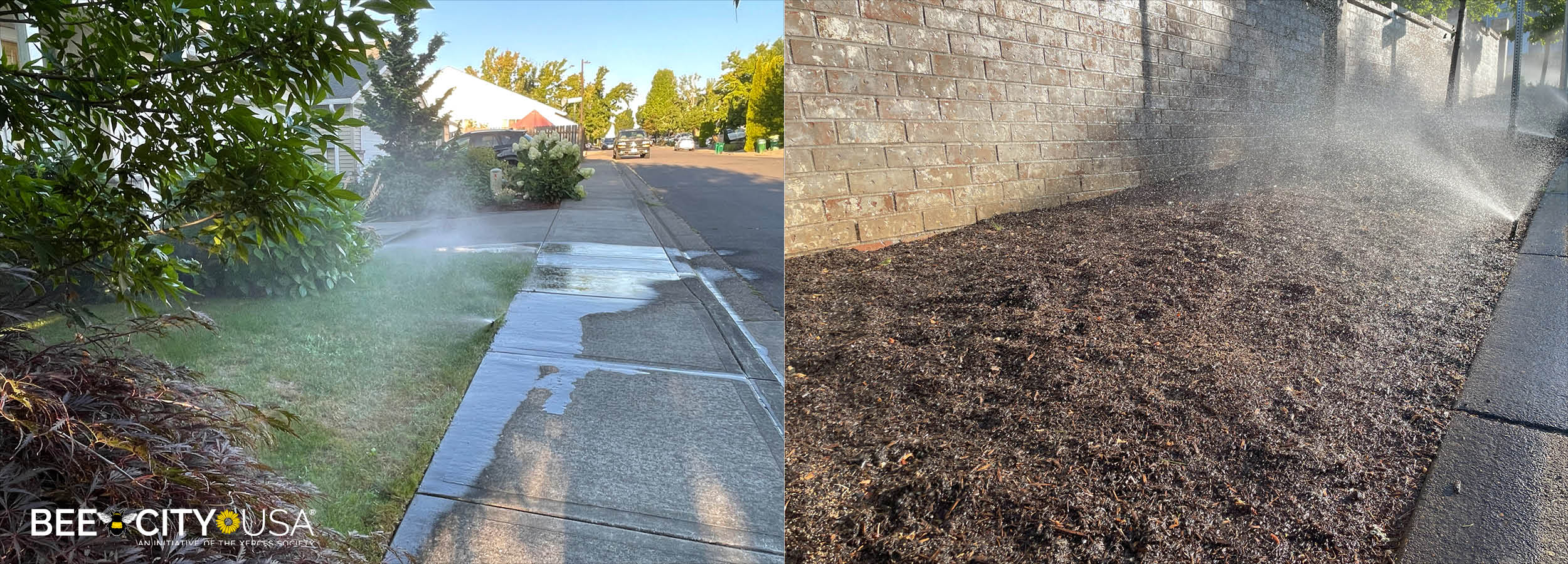 Two photos of landscapes being watered with sprinklers.