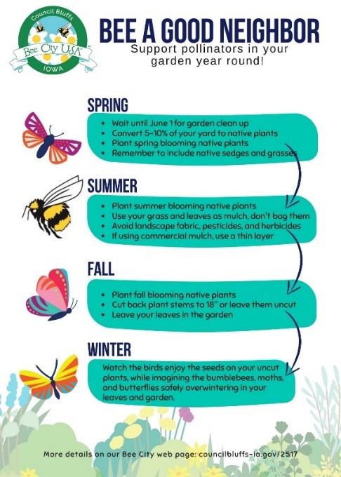 A white and teal postcard with bullet points for activities to help pollinators in all four seasons.