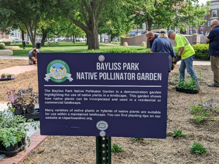 Blue habitat sign with Bee City logo reading "Bayliss Park Native Pollinator Garden" with plants and 4 people working in the background.