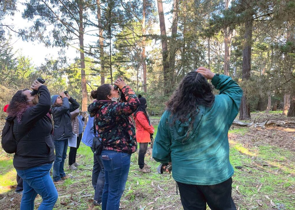 About 7 people in jackets stand in a forested area looking up, some with binoculars.