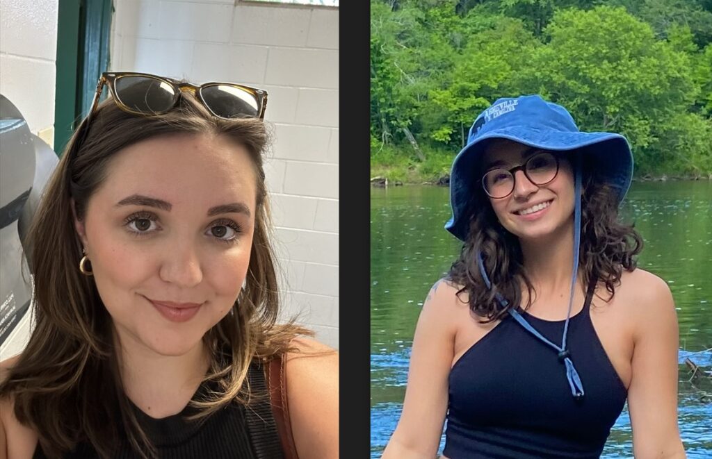 Two people in separate photos side-by-side smile, one has sunglasses on their head and is in a white room, the other is outside in front of a river and has a blue bucket hat on.