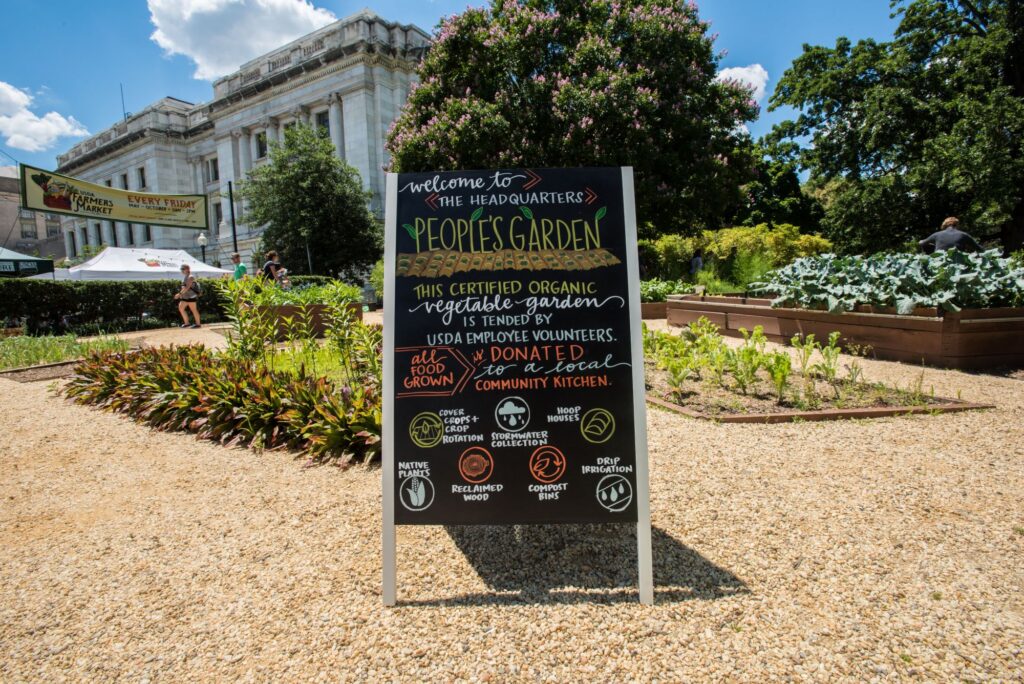 Rows of plants surrounded by a tan gravel walkway, with a chalkboard style sandwich board with colorful lettering and illustrations.