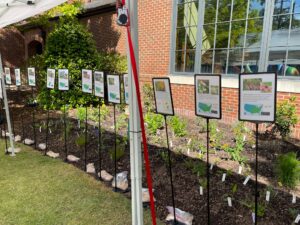 A row of signs next to a planted bed in front of a red brick building.