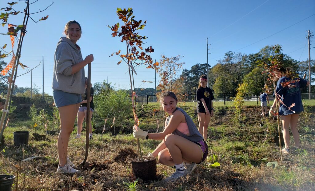 Volunteers stand and kneel beside a tree that they are planting