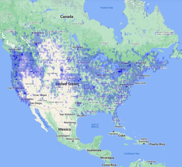 Image of a map of North America, with blue shadowing.
