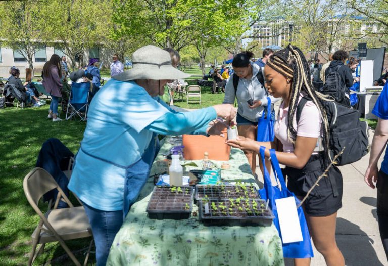 Two people handle a small potted plant over a table at a busy outdoor event on a sunny day.