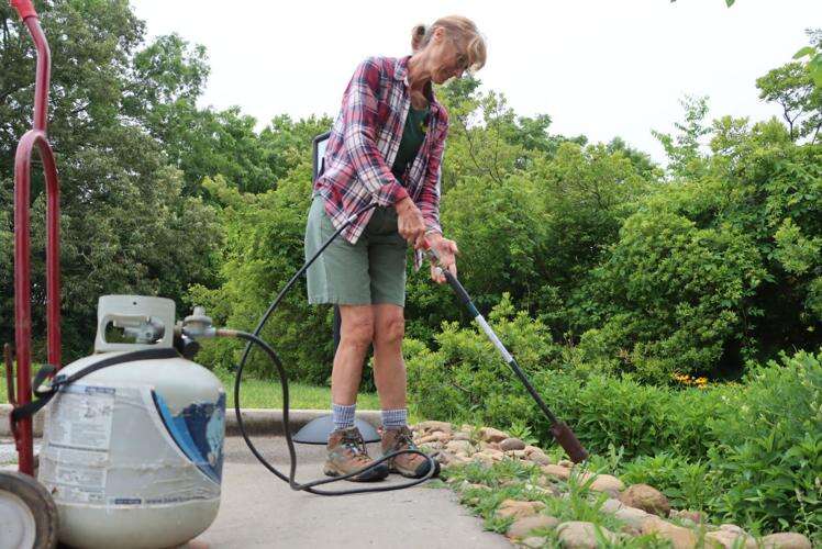 A person in a plaid shirt holds the handle of a flame weeder, with a gray oval propane tank nearby.