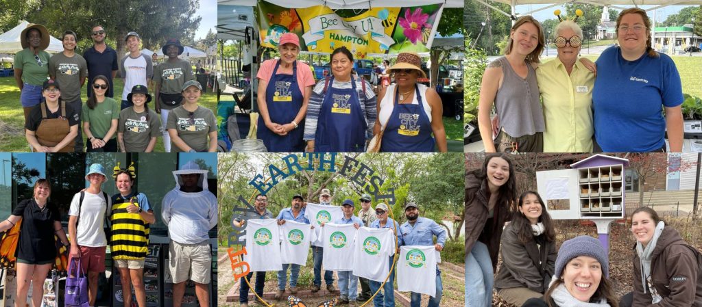 Six photos of groups of people smiling outdoors