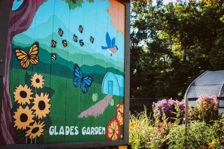 A colorful mural next to a garden.