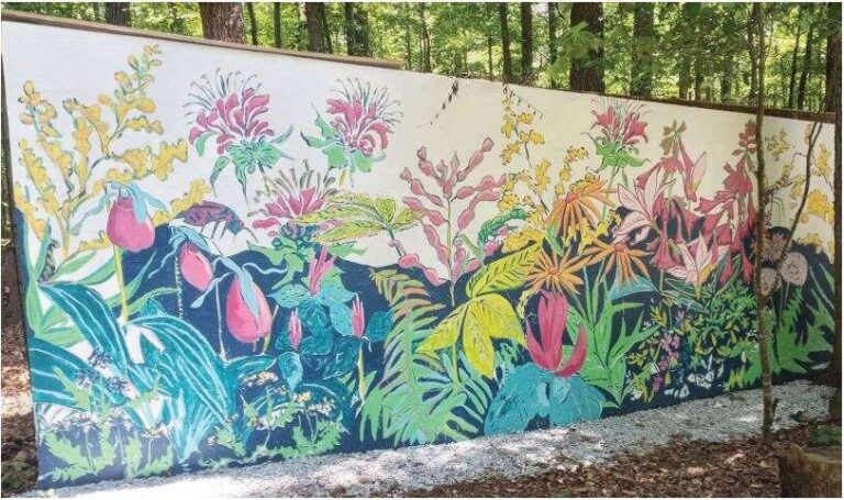 A colorful mural of plants.