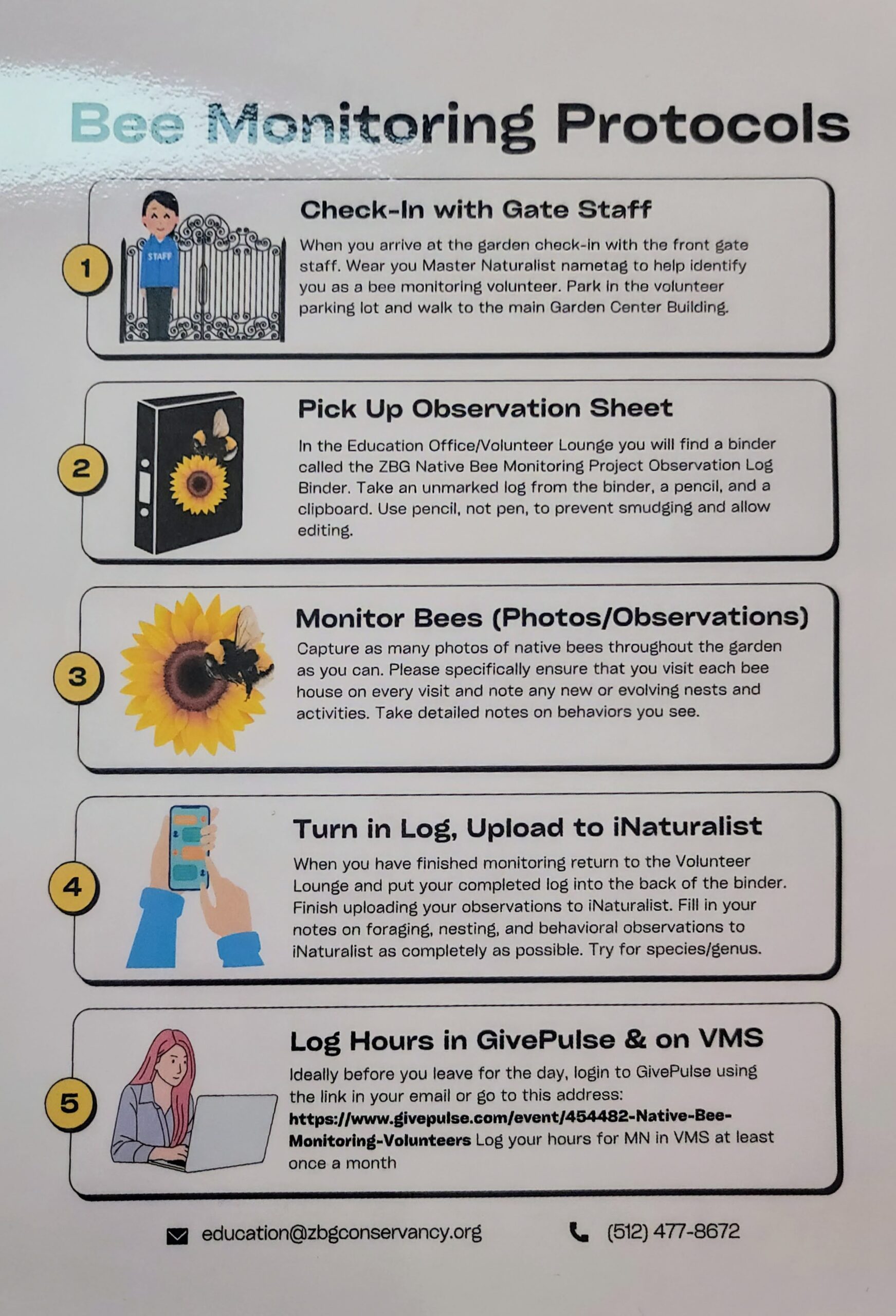 A photo of a laminated paper labeled "Bee Monitoring Protocols."