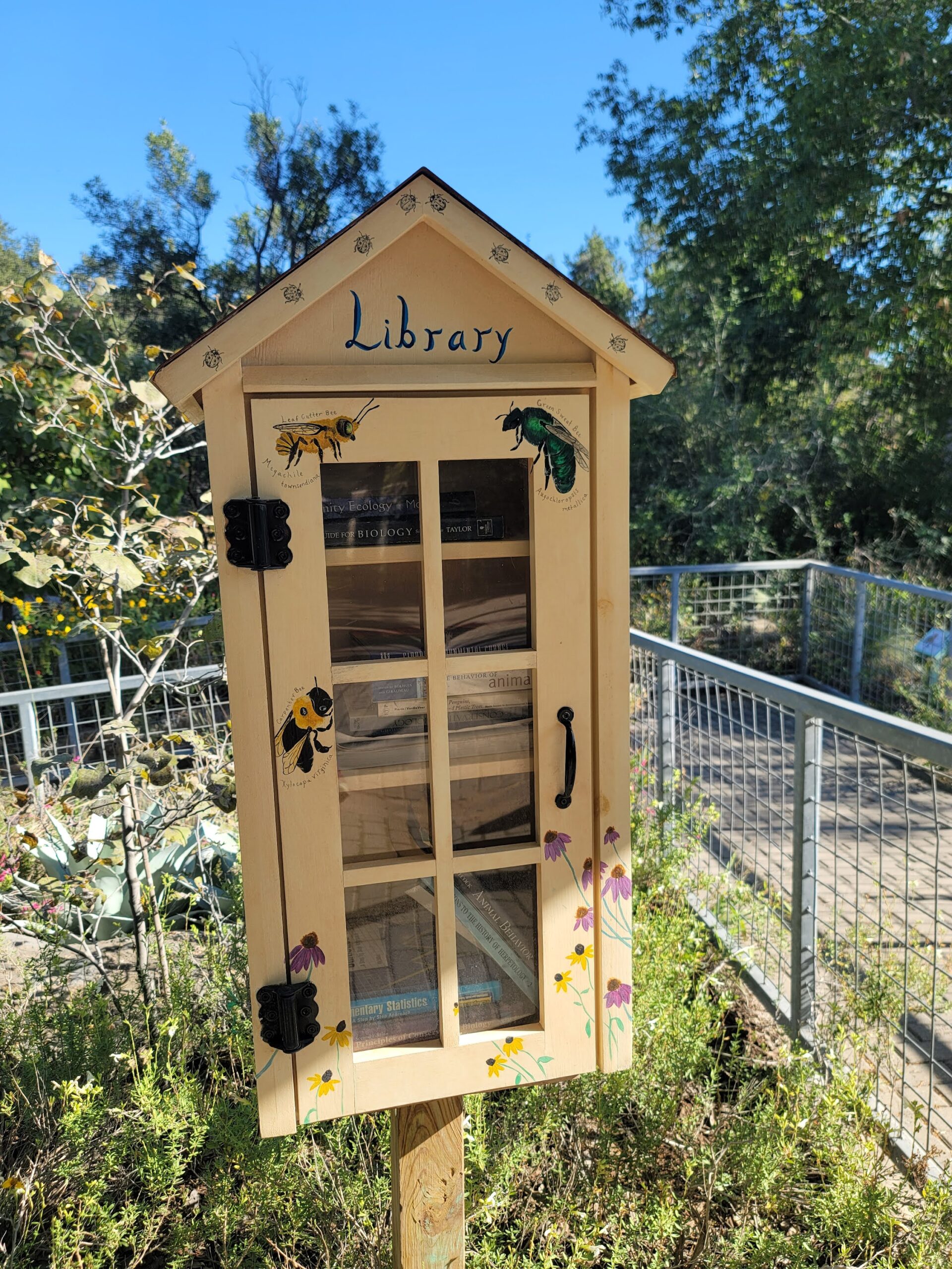 A glass pane cupboard painted with bees outside.