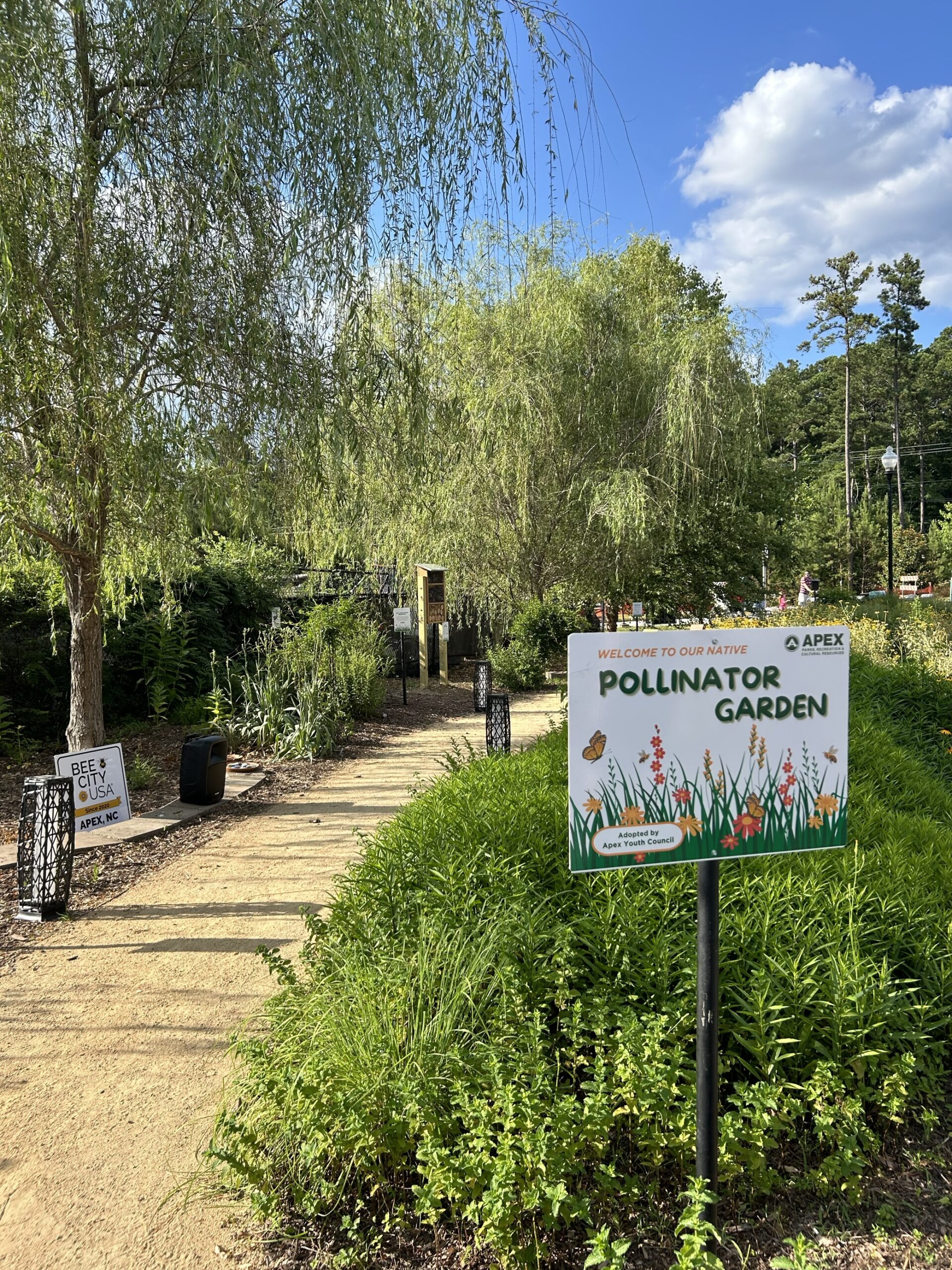 A green garden with a tan path and two white signs.