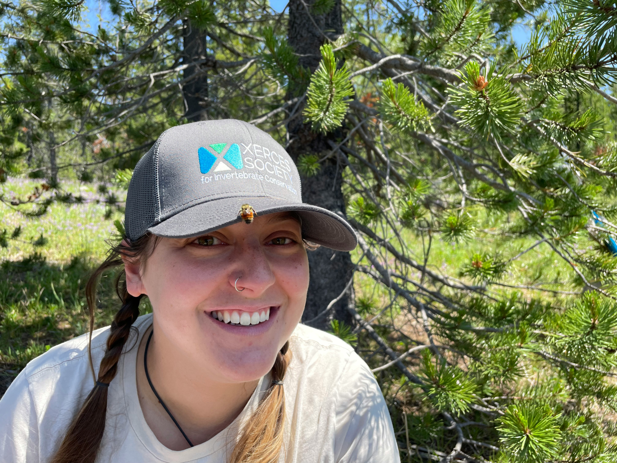 A person smiles in a gray baseball cap with a bumble bee crawling on the brim.