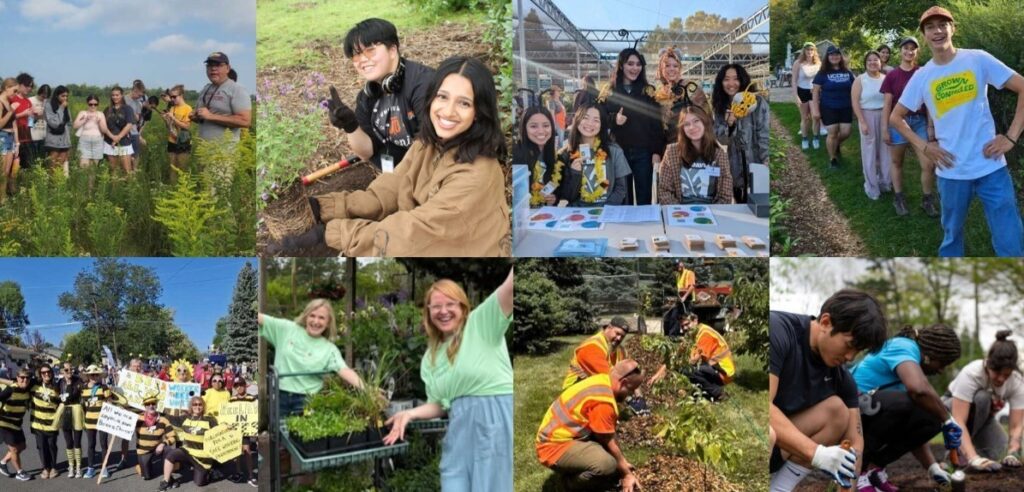 A collage of 8 photos of various people doing activities outdoors.