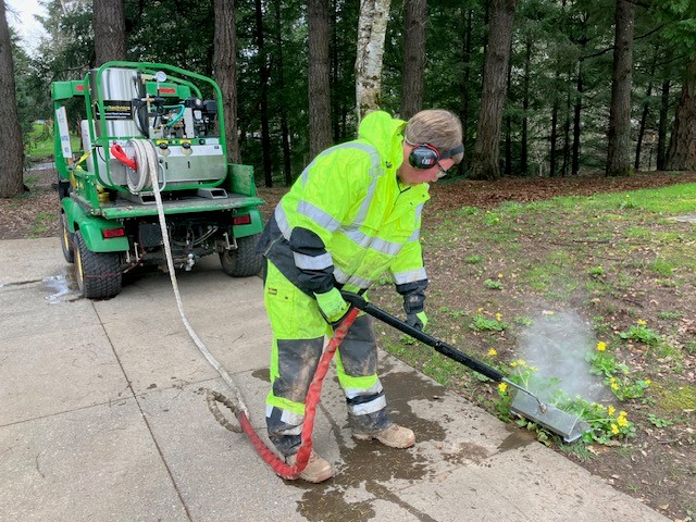 A people in a neon jacket uses a weed steamer on plants.