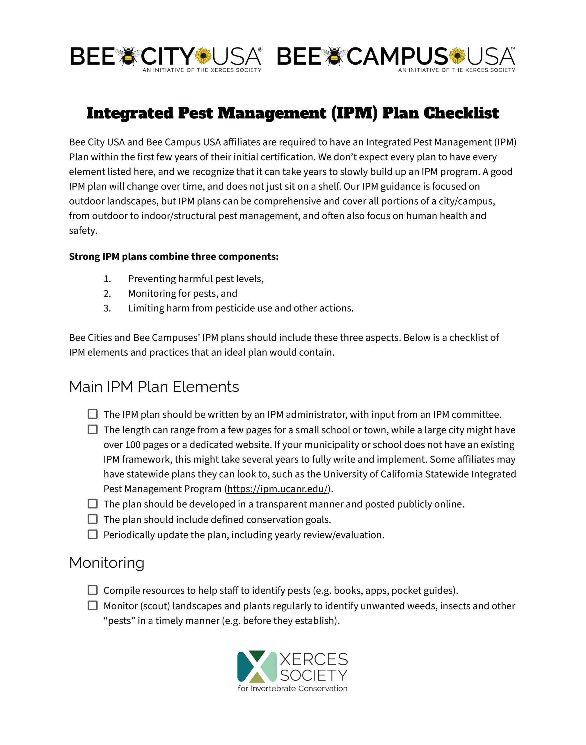 Part II: IPM Plan Checklist & Template - Bee City USA