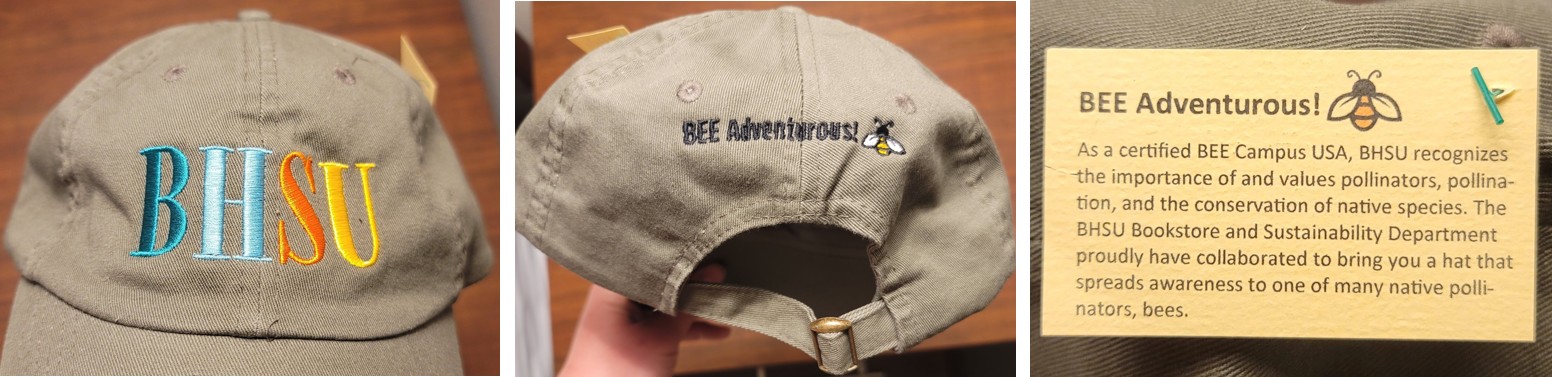 Three photos: the front and back of a gray baseball hat, and a photo of a small yellow card with text.