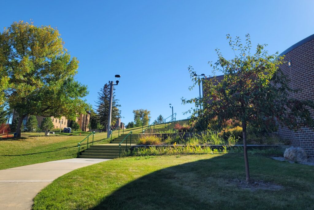 A lawn with a path leading to a terraced hillside with stairs next to a building.