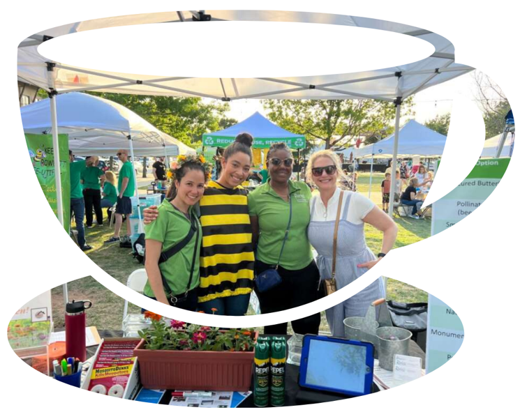 A cup-shaped image of 4 people smiling at an outdoor event.