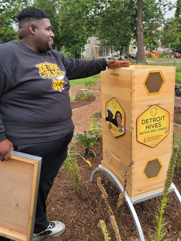 Detroit Hives transforms vacant Detroit lots into urban bee farms and has created beautiful pollinator gardens that benefit our native pollinators, too. Here Timothy Jackson, Co-Executive Director of Detroit Hives showed us how they modified a honey bee hive box to become a native bee hotel. Credit: Laura Rost / Xerces Society