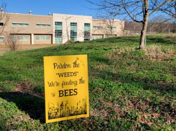 A yellow sign on a green lawn with a beige-brown building in the background.