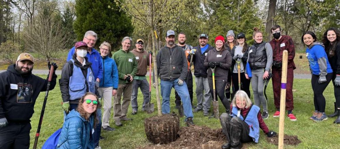 A group of around 20 people in warm clothes holding shovels pose around a tree.