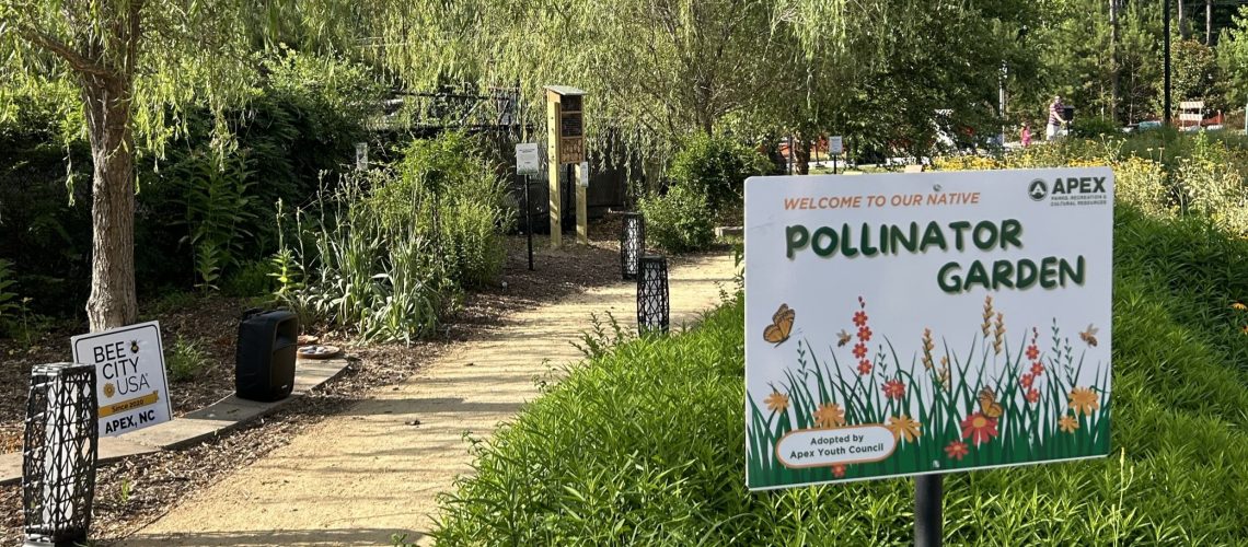 A green garden with a tan path and two white signs.