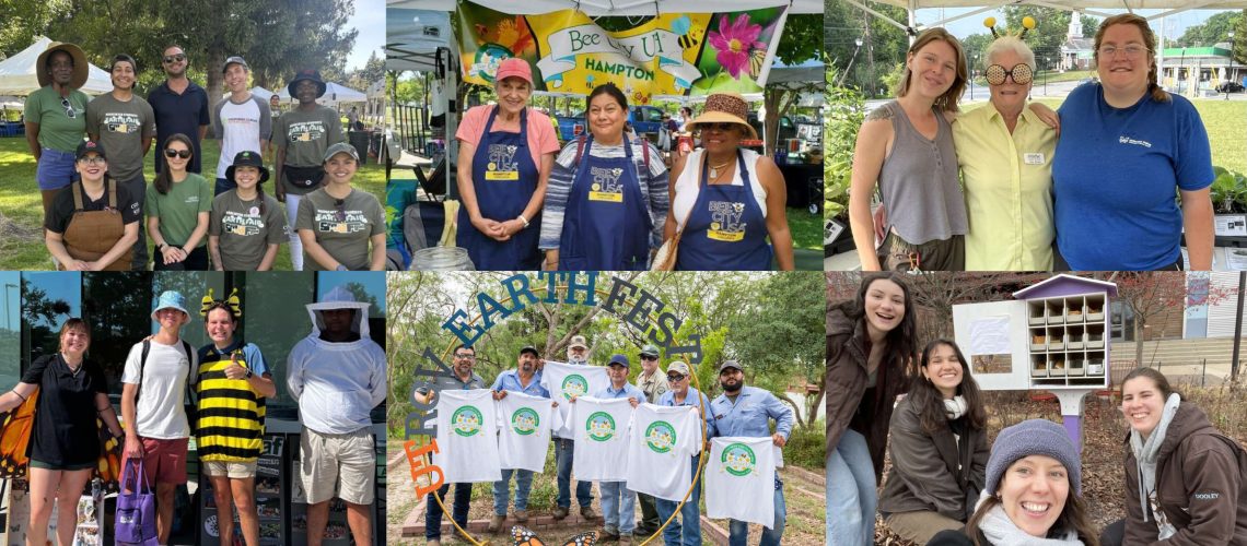 Six photos of groups of people smiling outdoors