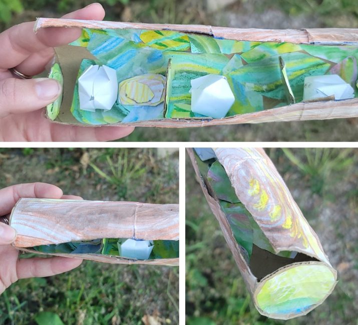 Three photos of a handmade tube nest designed to look like a hollow stem with small chambers.