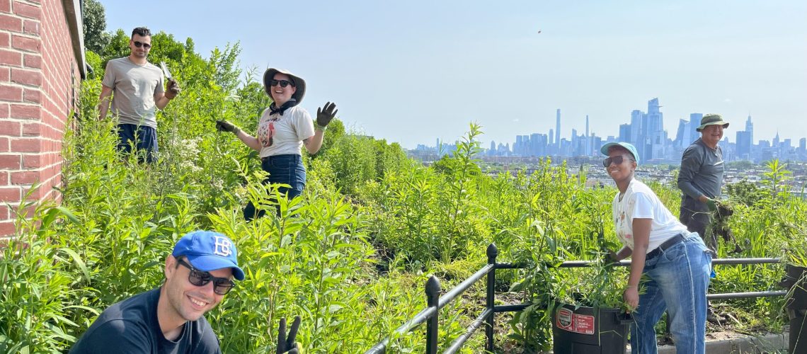 Five people, mostly in t-shirts hats, and sunglasses, stand and sit in a brilliantly green meadow-y spot on a hill on a sunny day. A city skyline is in the background.
