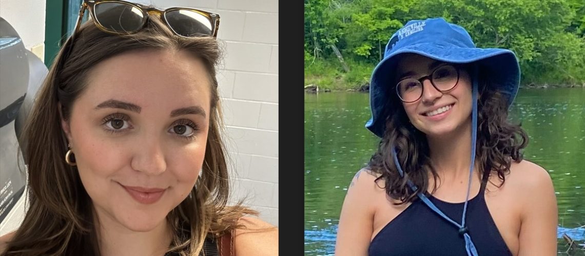 Two people in separate photos side-by-side smile, one has sunglasses on their head and is in a white room, the other is outside in front of a river and has a blue bucket hat on.