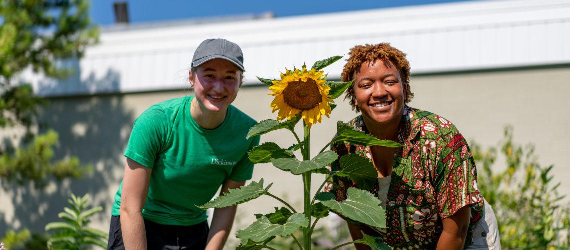 Two people lean forward to smile at the camera, in a sunny garden with a yellow sunflower between them.