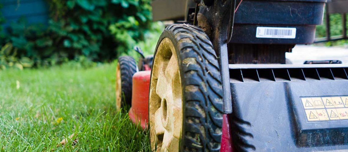 A close-up photo of the side of a lawn mower in a green lawn.
