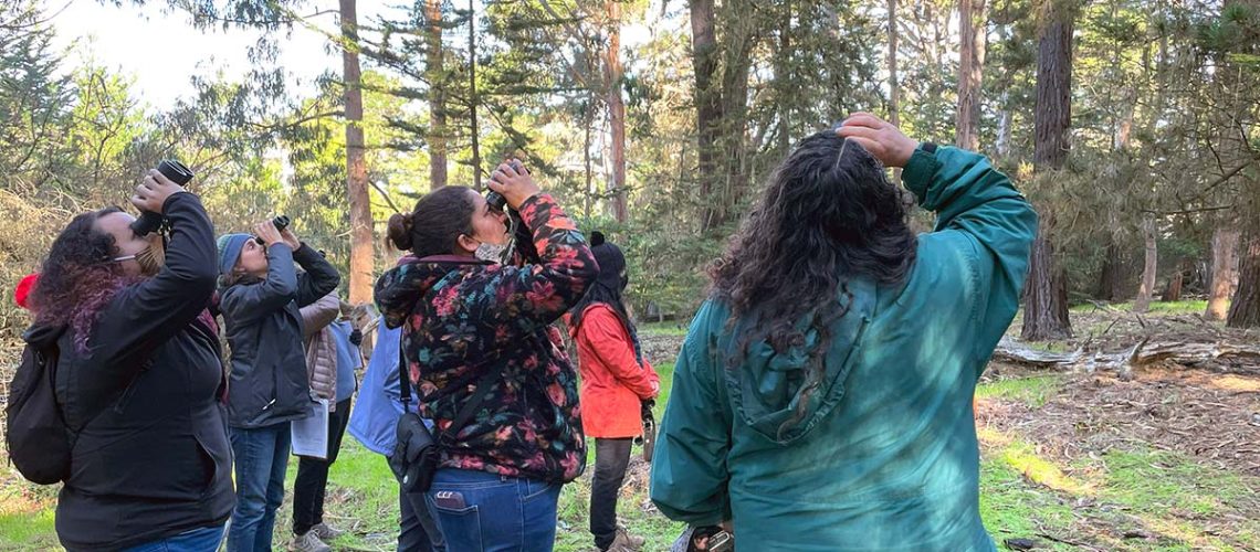 About 7 people in jackets stand in a forested area looking up, some with binoculars.